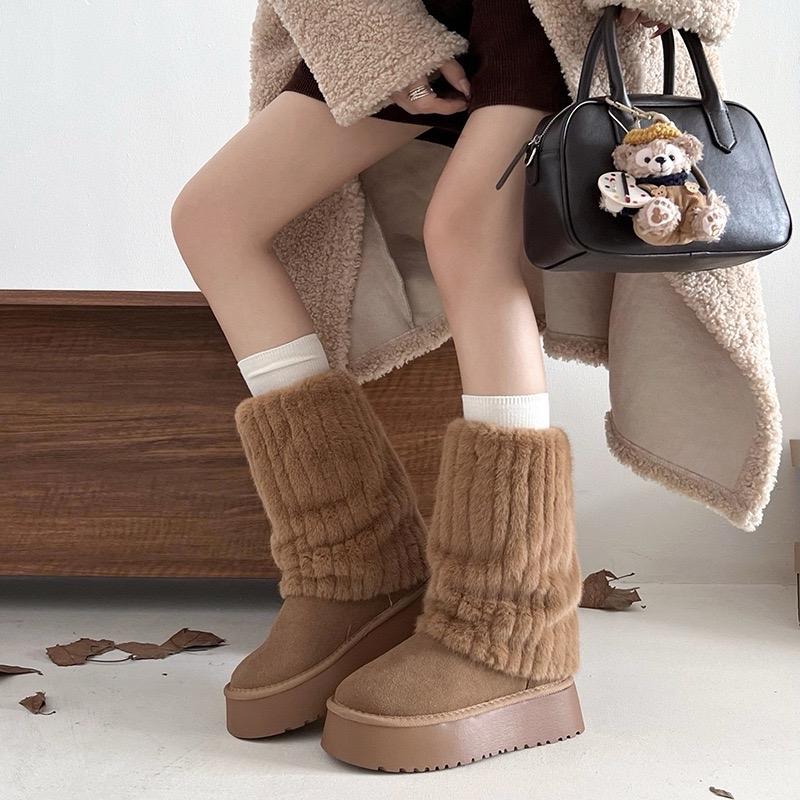 Bốt nữ cổ lông xỏ chất da lộn đế bánh mì đi tuyết mùa Đông 2
