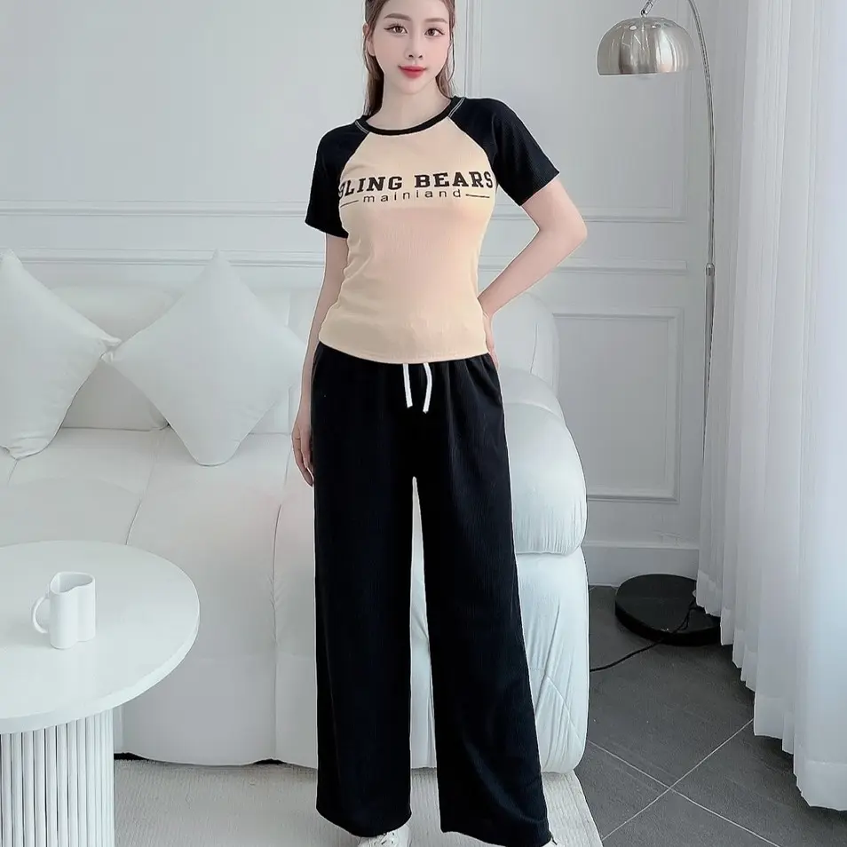 SET ĐỒ BỘ NỮ THUN GÂN QUẦN DÀI ỐNG SUÔNG PHỐI MÀU CO GIÃN 4 CHIỀU Áo Top Áo Top Women Polo