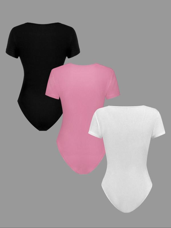 Women's Solid Color Ribbed Bodysuit, Casual Basic Short Sleeve One-piece Bodysuit for Summer, Ladies Clothes for Daily Wear 1