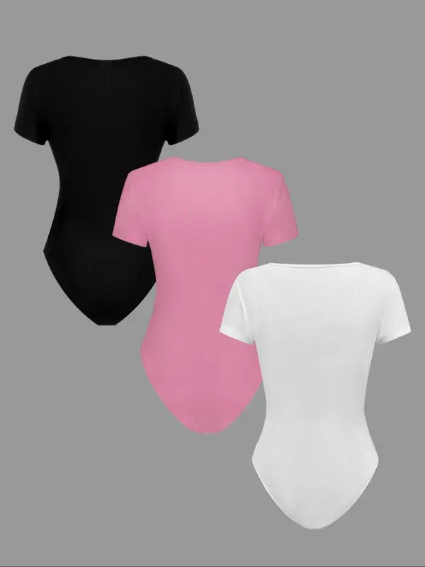 Women's Solid Color Ribbed Bodysuit, Casual Basic Short Sleeve One-piece Bodysuit for Summer, Ladies Clothes for Daily Wear 1