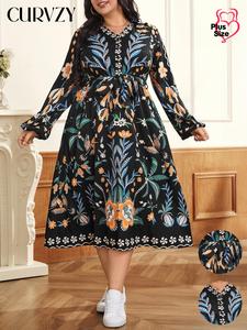 CURVZY Plus Size Plants Print Belted A Line Dress, Elegant Bishop Sleeve V Neck Long Sleeve Dress for Spring & Fall, Women's Clothes for Daily Wear
