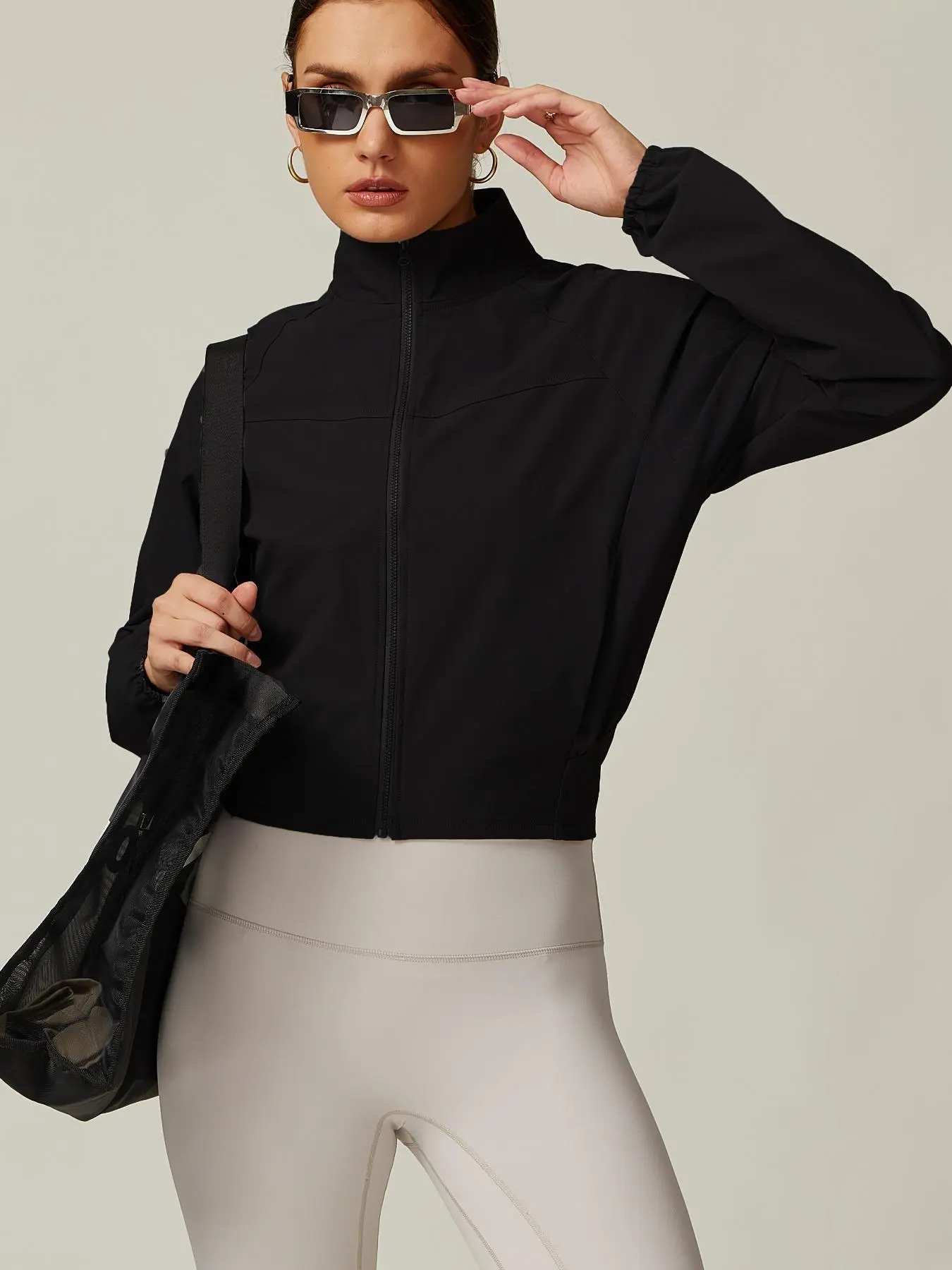 Women's Solid Color Zip Up Bishop Sleeve Sports Jacket, Long Sleeve Stand Collar Pocket Outerwear for Fall & Winter, Ladies Sportswear for Outdoor Activities, Jackets Autumn for Women