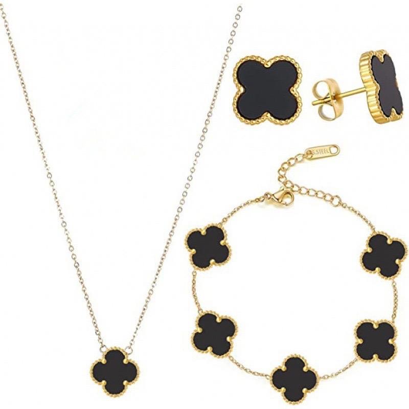 Set 3 món cỏ Bốn Lá dây chuyền+bông tai,vòng tay [ KHÔNG ĐEN KHÔNG RỈ ]phong cách cổ điển,siêu bền đẹp chất liệu thép TiTan, không đen ,không gỉ 0