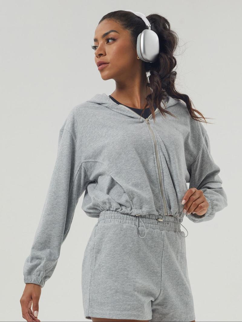 Product Introduction of Women's Solid Color Zip Up Hooded Sweatshirt & Drawstring Waist Shorts Sports Sweat Set, Casual Long Sleeve Zip Front Outerwear & Shorts, Ladies Sportswear for Indoor Outdoor Wear, Tracksuit 1