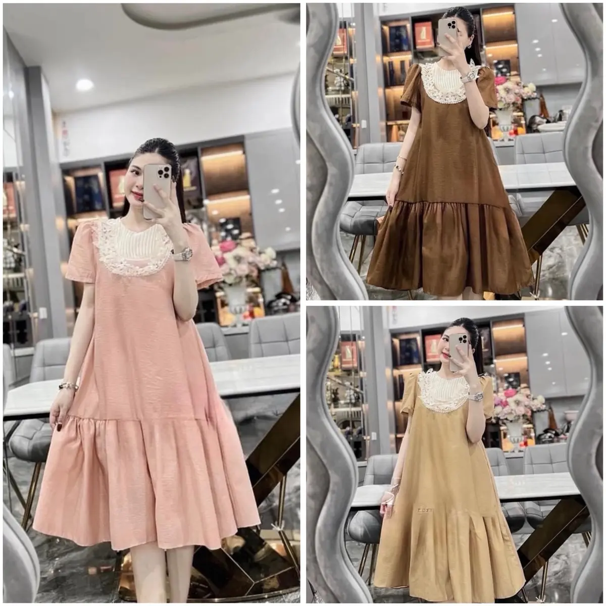 Váy Thiết Kế, Đầm Mùa Hè Dáng Babydoll, Cổ Tròn Thêu Ngực