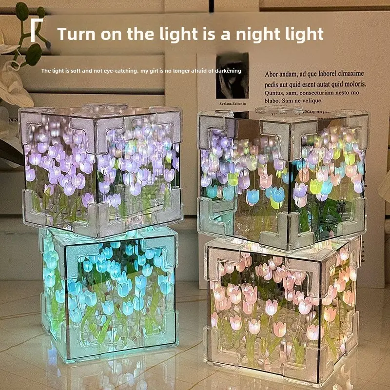 Bộ đèn ngủ tự làm, Thiết kế hoa tulip, Thủ công gương khối lập phương 3D, với hiệu ứng Vườn hoa nở, Trang trí phòng ngủ lãng mạn thủ công, Quà tặng sinh nhật sáng tạo cho bạn gái / Vợ, bao gồm đèn dây LED và lắp ráp câu đố 4