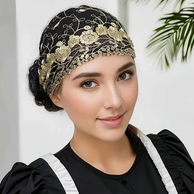 Women's Floral Embroidery Lace Hair Cap, Boho Style Breathable Hair Cap, Elastic Hair Accessories for Outdoor Daily Wear