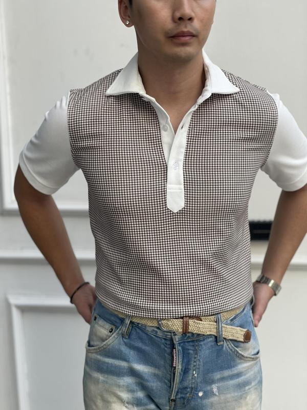 Áo polo nam hoạ tiết Houndstooth ( răng sói ), bản cổ cutaway lớn, chất liệu Cotton co giãn 4 chiều 2024 Menswear Top Có Cổ Cộc Tay