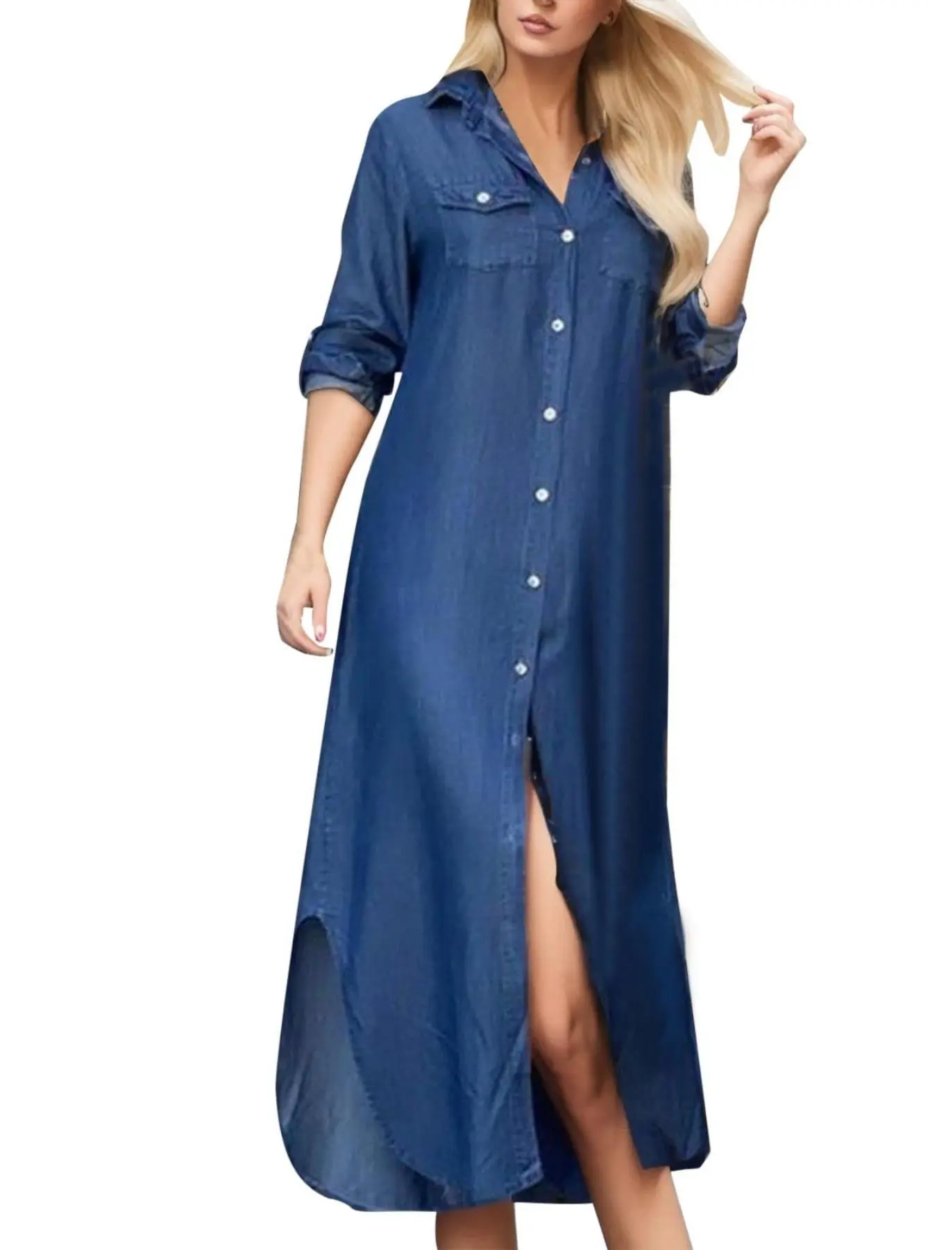 Women's Button Fly Long Sleeve Denim Dress, Casual Curved Hem Collared Dress for Daily Wear, Ladies Clothes for All Seasons