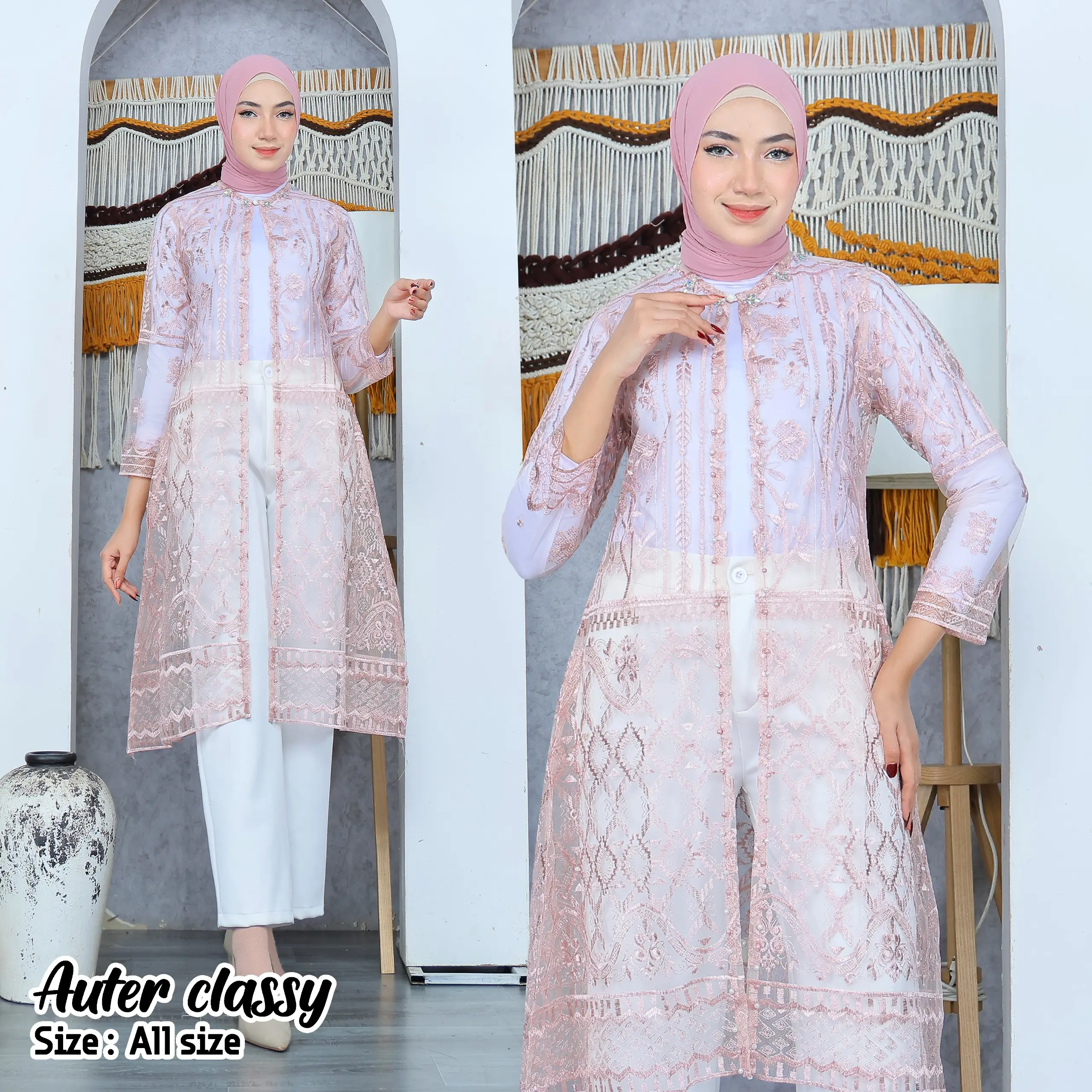 Civika Long Outer Brukat Tile motif Etnik Cardigan wanita Baju Muslim Panjang Kebaya Remaja Dewasa Rayon