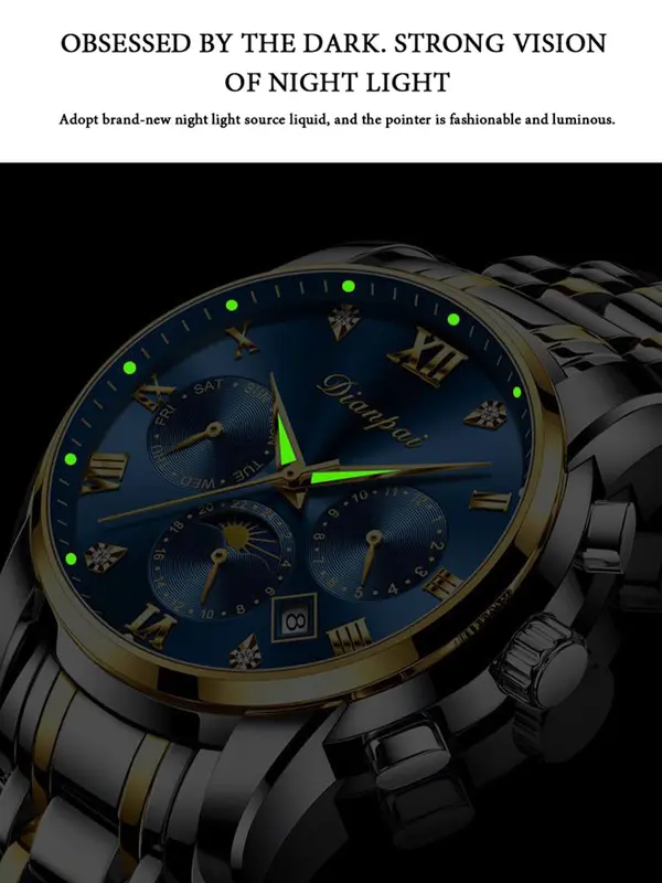 Men's Business Rhinestones Decorated Round Dial Calendar Mechanical Watch,  Waterproof Fashion Trendy Wristwatch, with Box 2