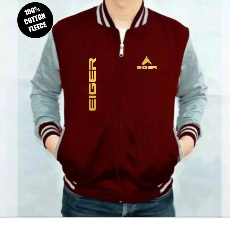 Jaket varsity bahan tebal dan lembut eiger text kiri kana goldd 3