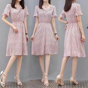 Elegant Short Sleeves Pink Floral Chiffon dresses Korean Style Sweet Temperament Flare Sleeve Women A-line Dress Showing Slim
