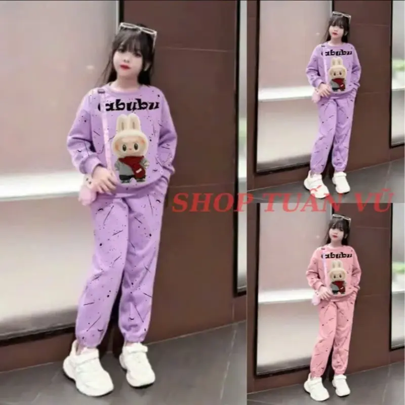Set bộ đồ, bộ quần áo THU ĐÔNG dành cho bé gái mẫu LABU.BU-IN SON từ 9-45kg chất liệu nỉ bông ấm áp 3