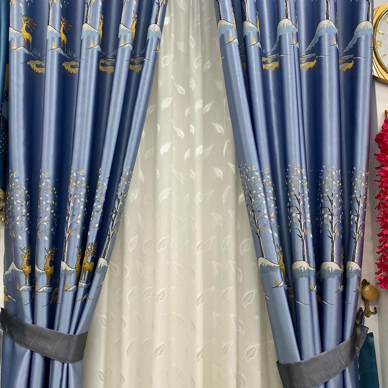 Rèm cửa  màu  xanh xám,hoạ tiết cây và nai,chống nắng 95% ,kiểu may xỏ khoen,giá trong giỏ hàng đang tính là m căng thẳng chưa có độ nhúng,chưa gồm thanh treo.