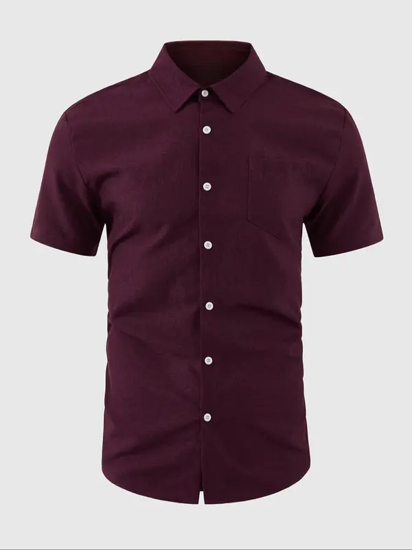 【Plus Size】 Men's Regular Fit Plain Short Sleeve Button Up Shirt, Casual Retro Lapel Neckline Top for Summer, Men's Clothes for Daily Wear 6