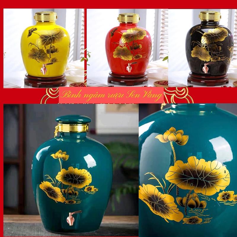 Bình ngâm rượu gốm sứ cao cấp Sen Vàng 6 lít 12 lít 20 lít