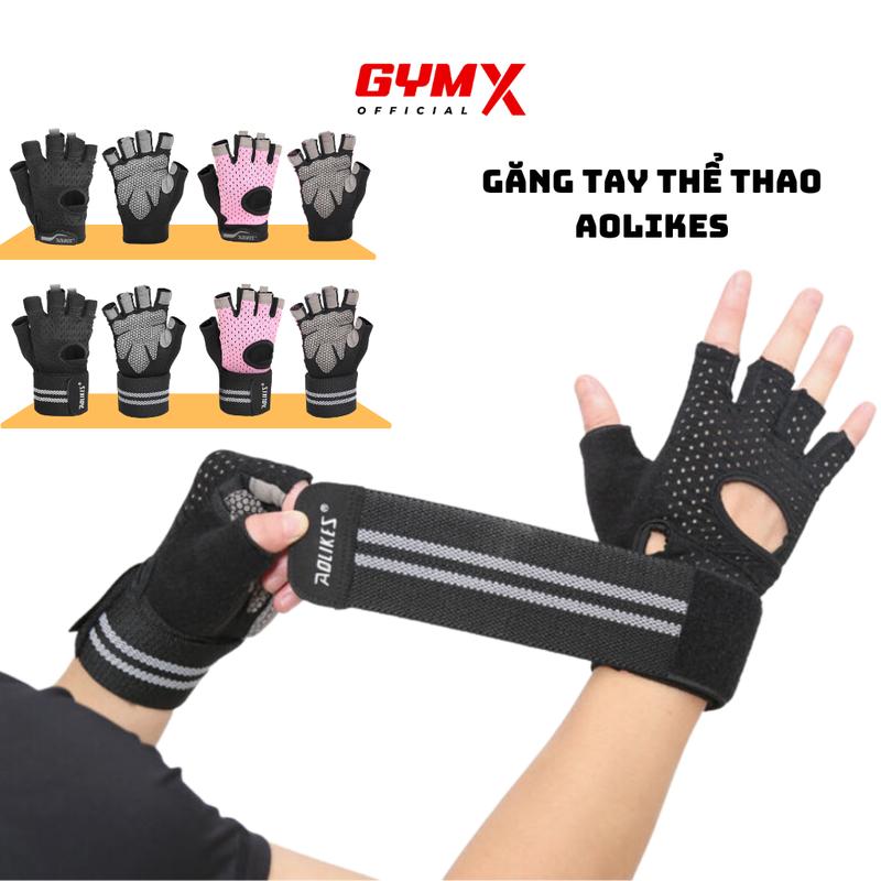 Găng Tay Hở Ngón Tập Gym, Tập Tạ Tích Hợp Quấn Cổ Tay Aolikes (1 đôi)