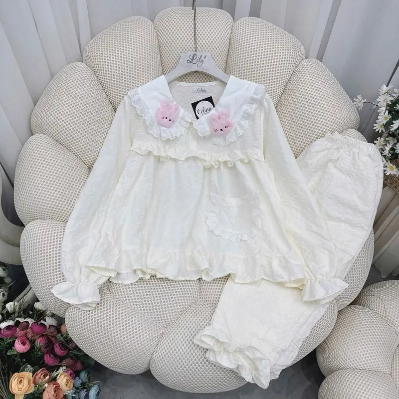 Đồ bộ pijama tay dài tiểu thư Có hoa(45-60kg) vải đũi kèm gấu 1
