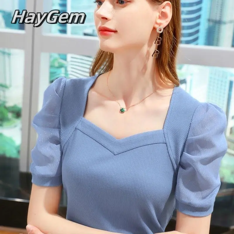 2024 Phụ nữ mới màu ngọt bong bóng bong bóng tay áo T-Shirt Phong cách Pháp Phụ nữ lỏng lẻo Top T-Shirt Phụ nữ Ice Silk Sơ Mi Women Cổ Tròn