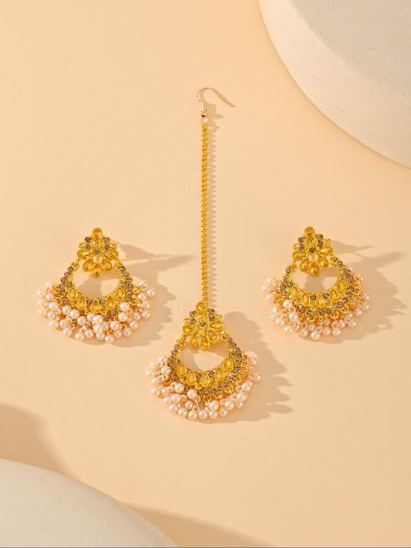 Faux Pearl & Rhinestone Decor Jewelry Set, Boho Style Hollow Out Design Tassel Dangle Earrings & Head Chain, Fashion Accessories for Women 3