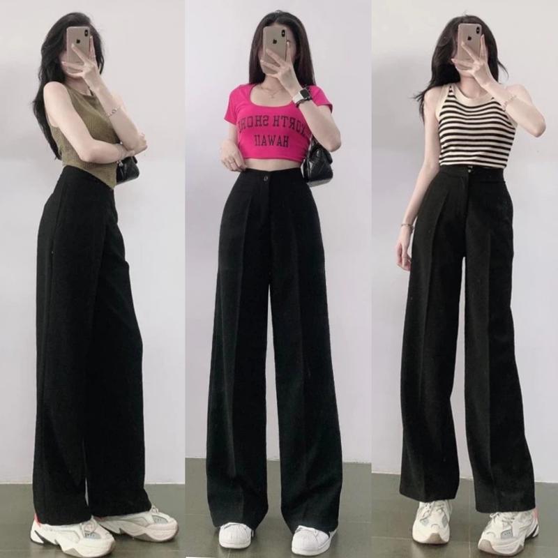 Quần Tây Nữ Ống Xuông Đi Học Làm Công Sở Cạp Lưng Cao Dáng Rộng Vải Trơn Mềm - Quần Vải Ống Suông Nữ Dài 95CM Dày Dặn Màu Đen Có Túi Khuy Cài Ong Women Pants