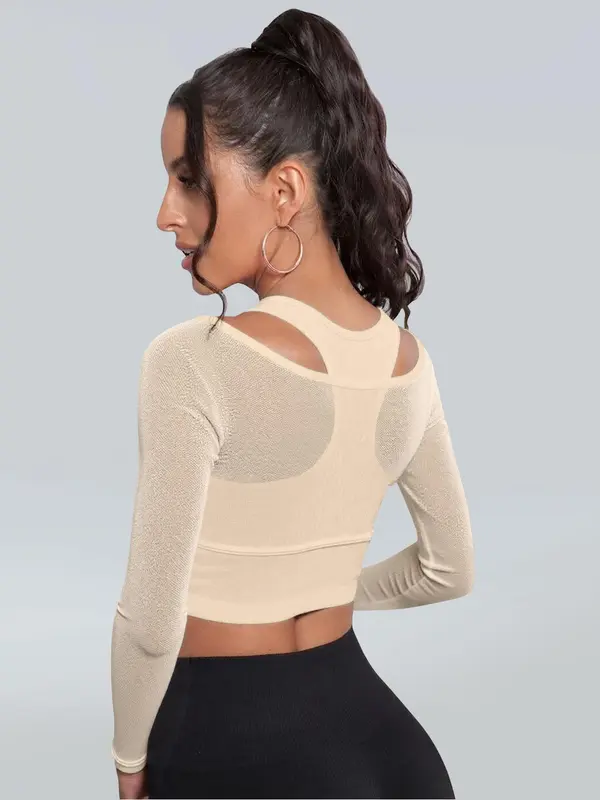 Women's Solid Color Sports Top, Sporty Long Sleeve Crop Top with Removable Chest Pad, Ladies Sportswear for Indoor Outdoor Wear 4