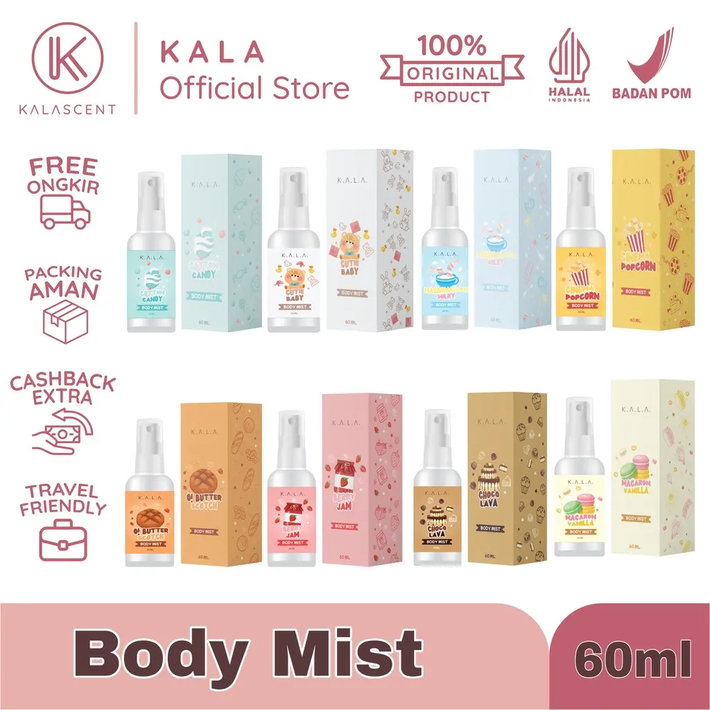 KALA Body Mist Parfum 60ml Spray Parfume Tahan Lama Vanilla Popcorn BPOM