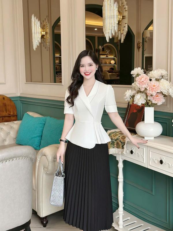Áo peplum thiết kế Nhật Vy cổ vest tay ngắn chiết eo chất lụa công sở dự tiệc - D3210 8