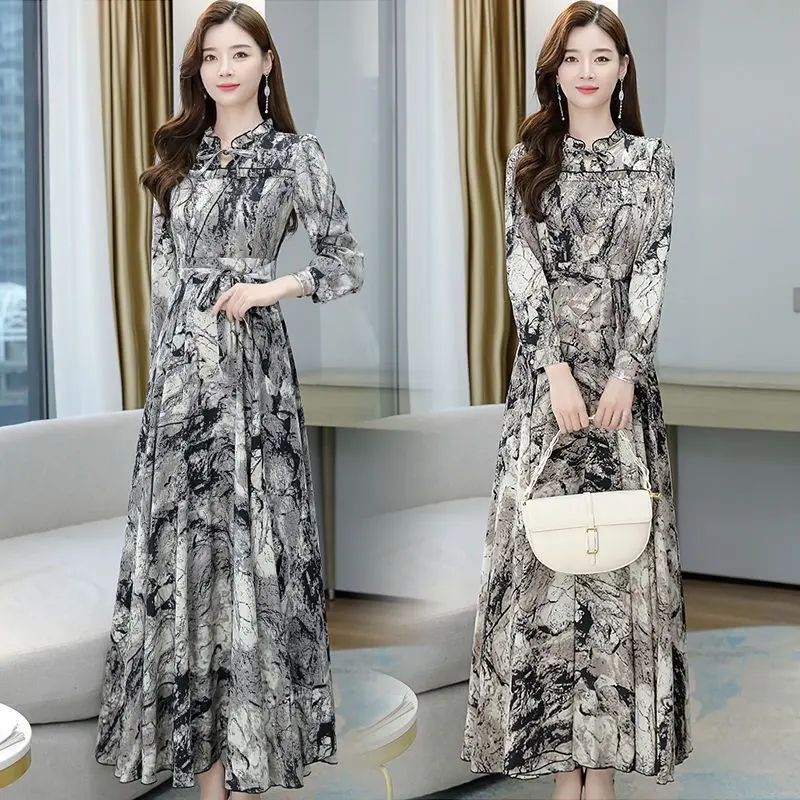Long Dress Vintage Wanita Motif Retro Salur High Quality Gaun Floral Lengan Panjang Casual Resleting Samping Gamis Kekinian M470