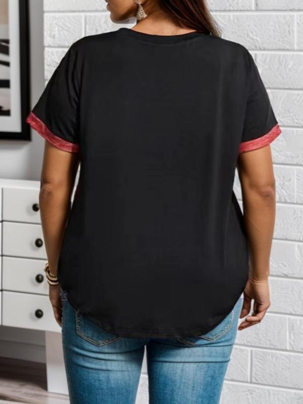 Plus Size Patchwork Button Front V Neck Tee, Casual Short Sleeve T-shirt for Summer, Women's Plus Clothing for Daily Wear 1