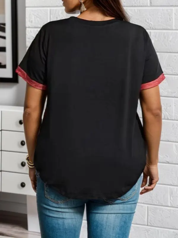Plus Size Patchwork Button Front V Neck Tee, Casual Short Sleeve T-shirt for Summer, Women's Plus Clothing for Daily Wear 1
