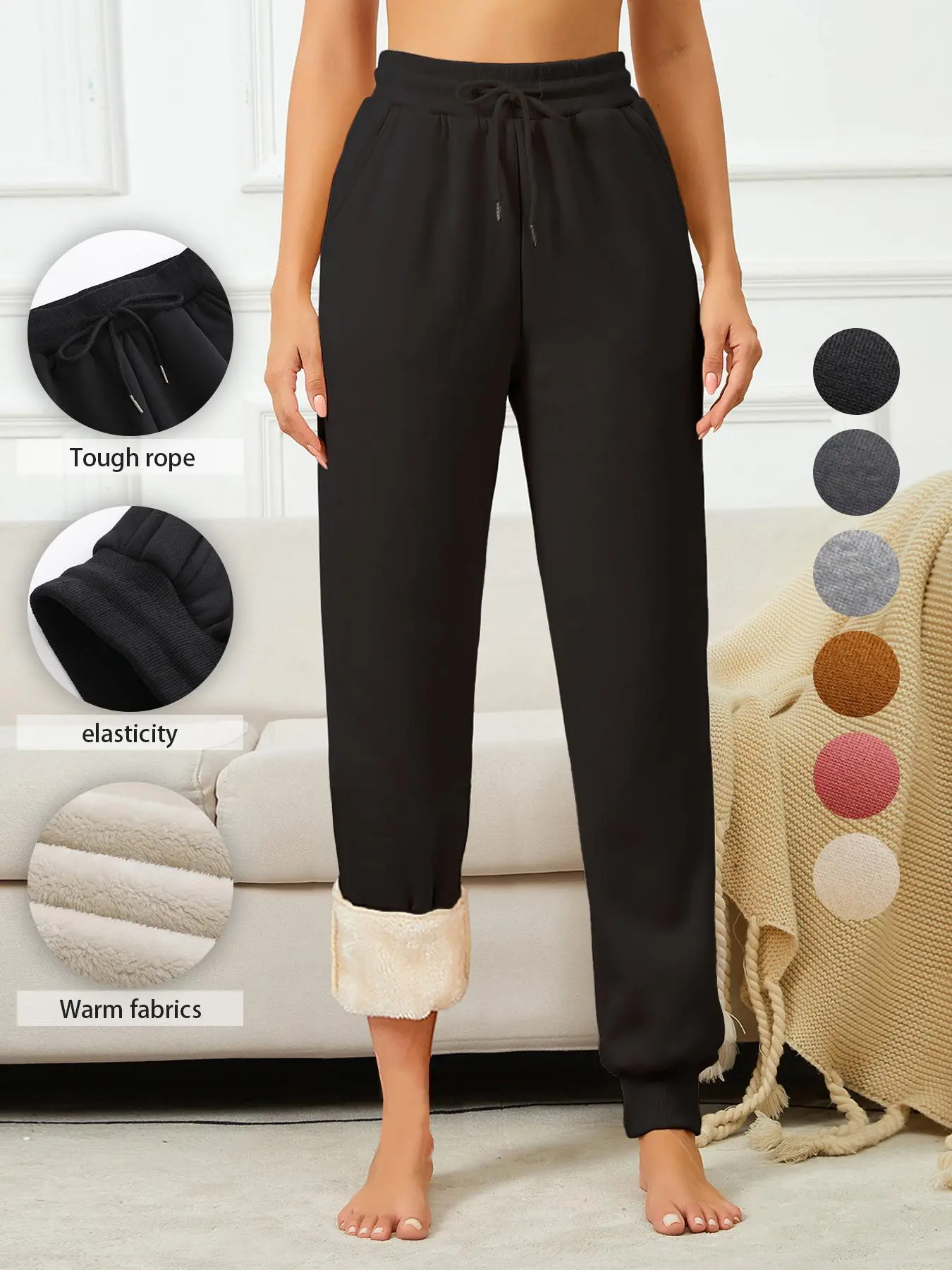 Women's Solid Drawstring Waist Thermal Lined Sweatpants, Casual Elastic Waist Pocket Jogger Pants for Fall & Winter, Women's Trousers for Daily Wear