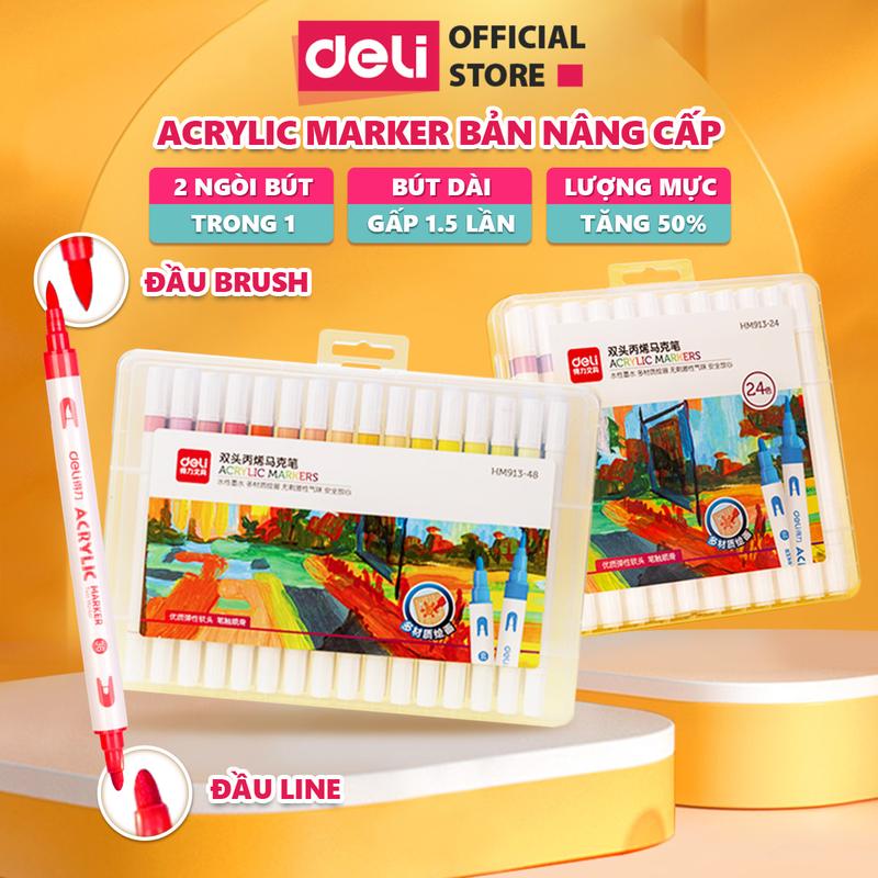 Bút Sơn Acrylic Marker 2 Đầu Deli - Kèm Hộp Nhựa - 12 24 36 48 Màu Đậm Đều Cao Cấp - Tô Màu Đi Nét DIY Vẽ Giày Quần Áo- Bút màu Acrylic Marker 2 đầu