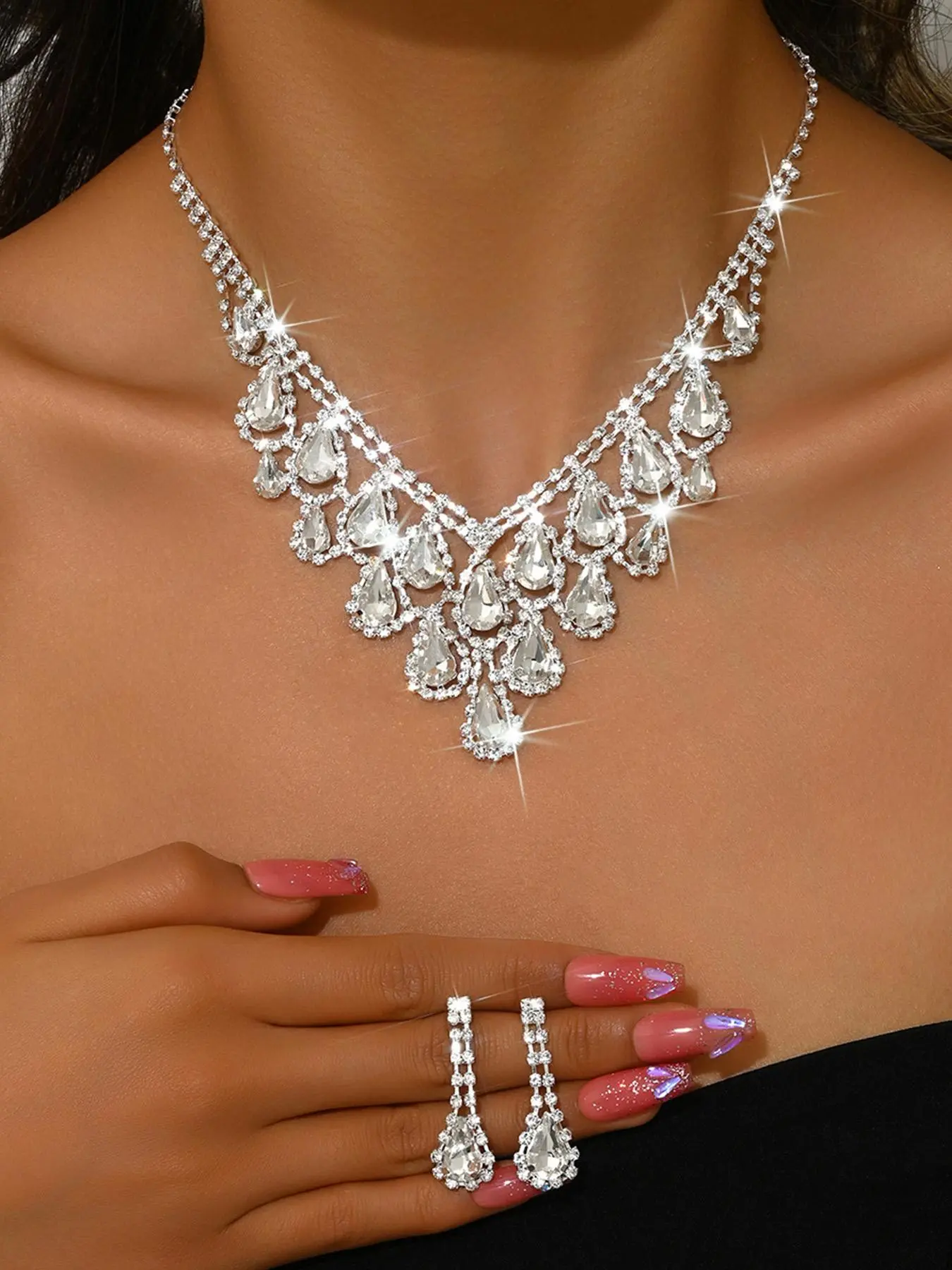 Elegant Rhinestone Decorated Necklace & Earrings, Fashion Jewelry for Party, Daily Clothing Decor, Trendy All-match & Exquisite Jewelry for Birthday Gift