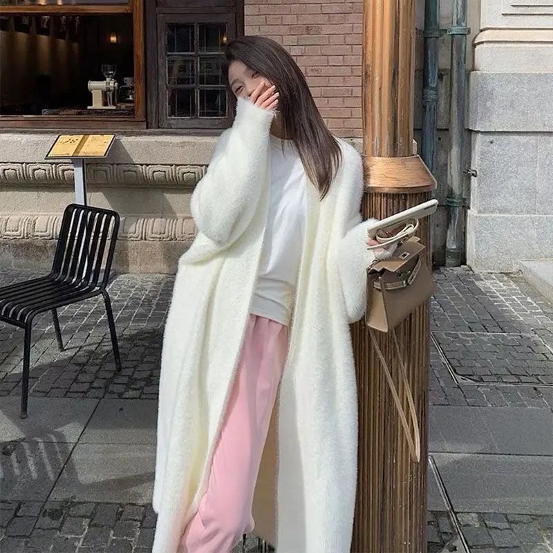 Áo Cardigan Len Lông Chồn Dài Trung Bình Phong Cách Dễ Thương Và Gợi Cảm, Dáng Rộng Vừa Vặn, Dành Cho Nữ, Dễ Phối Đồ, Phong Cách Lười Biếng, Áo Khoác Dệt Kim Dày, Thời Trang Women Top