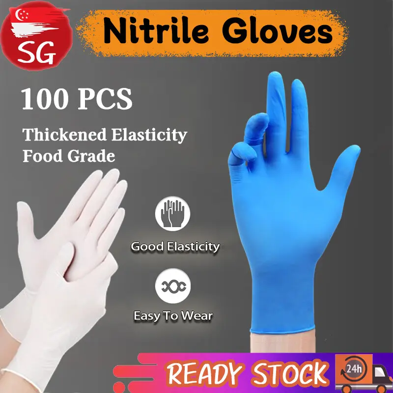 SG-Stock 100Pcs Gloves Disposable Premium Nitrile Gloves Food Grade Powder Free Glove Box White Blue Wholesale