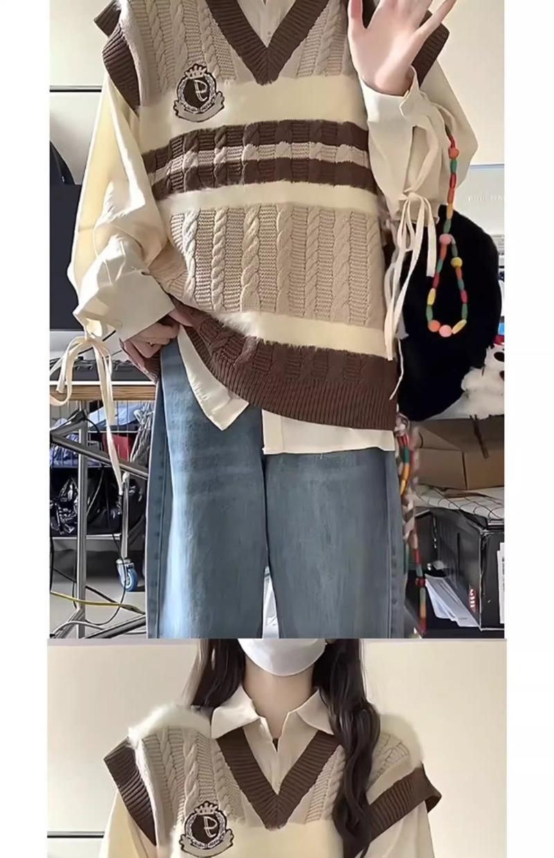 Product Introduction of Bộ Đồ Hai Mảnh Cho Nữ, Phong Cách Preppy Ngọt Ngào Nhật Bản, Màu Tương Phản, Áo Vest Dệt Kim Cổ Chữ V, Áo Sơ Mi Dài, Thích Hợp Cho Mùa Xuân Và Mùa Thu, Hàng Mới Về Women Nhung Jacket Top Pants Kem 10