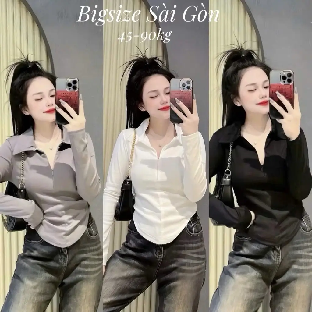 Áo Thun Cổ Polo Phối Dây Kéo Tay Dài Vải Thun Gân Tăm 45- 90Kg Bigsize Dễ Thương Top Nữ Women - B.1413