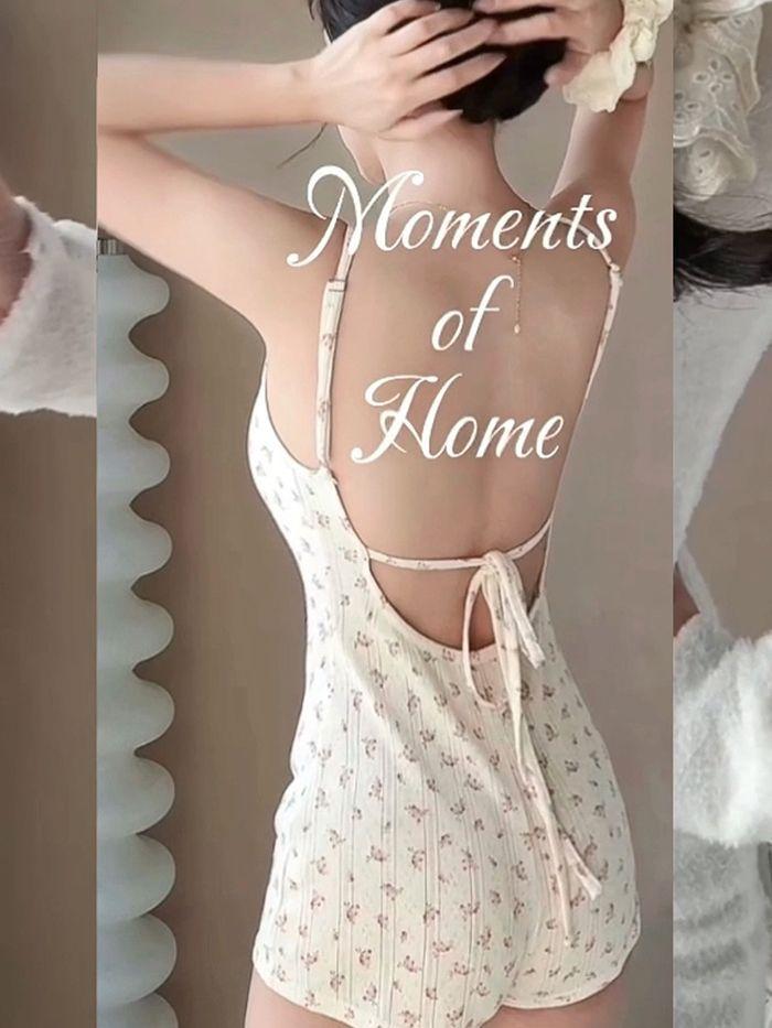 Product Introduction of One-Piece Pajamas New Style Young Adult Pure Desire Sexy Backless Floral Tie Slim Fit One-Piece Loungewear Pajamas for Women 2