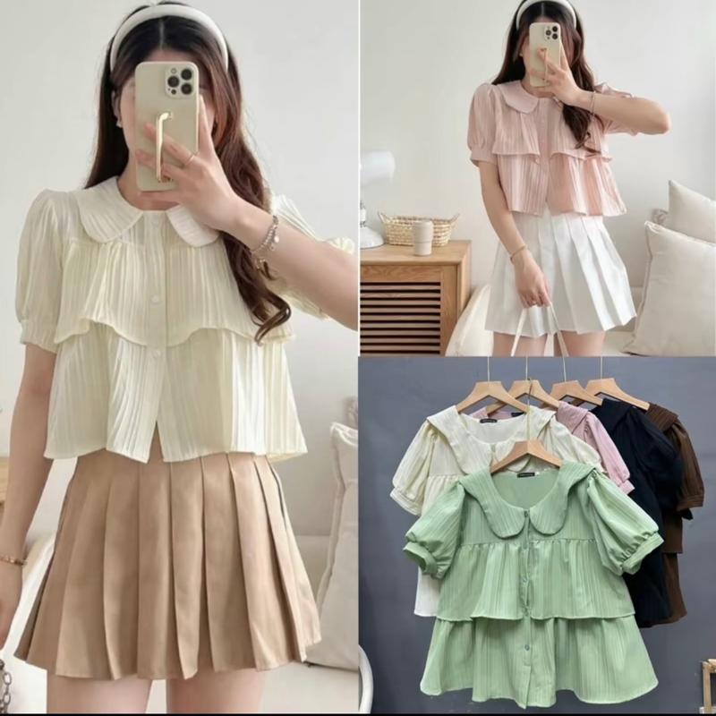 Áo sơ mi nữ cổ bèo xinh xắn, áo vải đũi xốp mềm mịn Đậu bigsize SM163