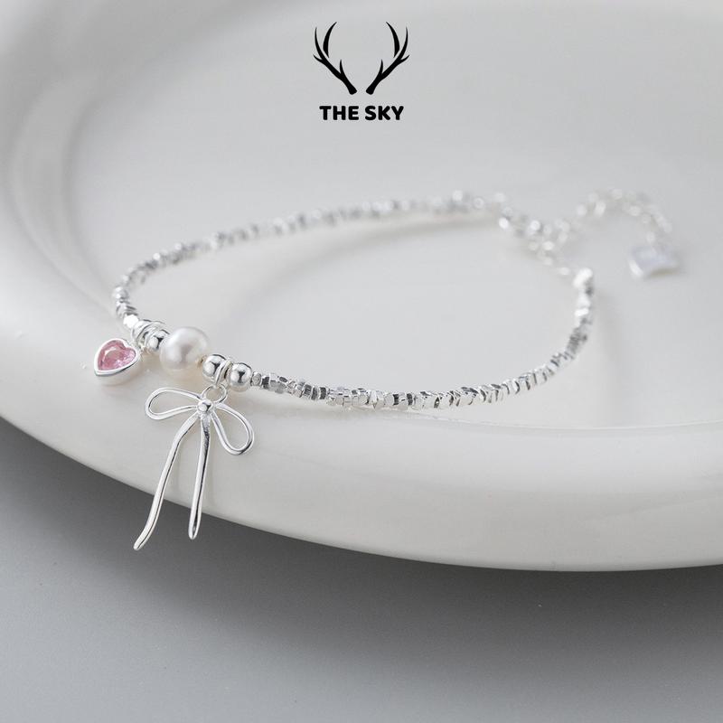 Lắc tay nữ The Sky vòng tay chuỗi hạt charm tim đá hồng nơ xinh ngọc trai nhân tạo hot trend phụ kiện trang sức đẹp TSLT0.27