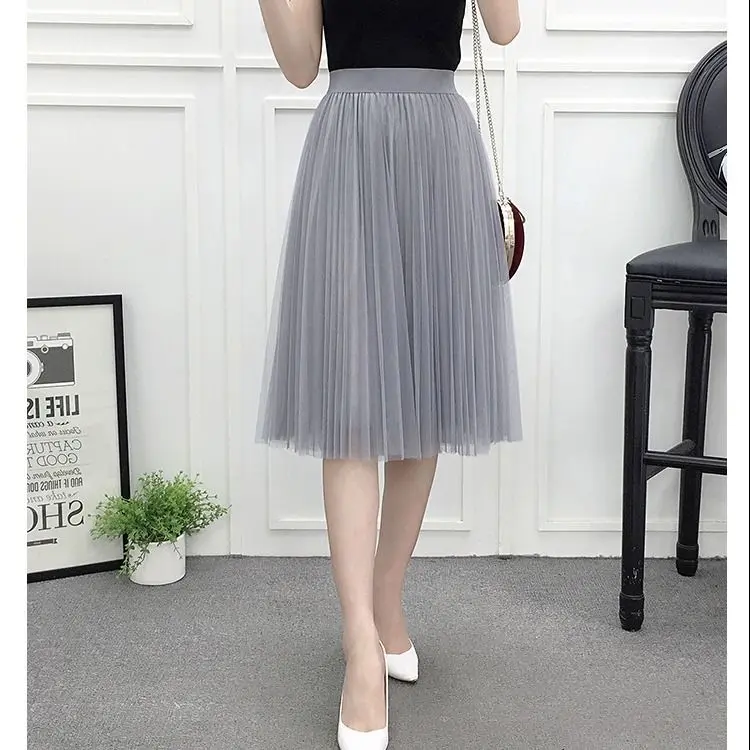 Women's Summer New Mesh Skirt Pleated A- line Skirt High Waist All-Matching Skirt Tulle Skirt