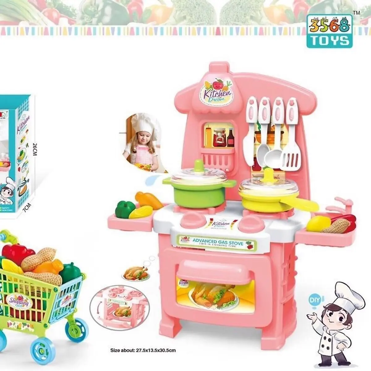 Bộ Đồ Chơi Nấu Ăn Nhà Bếp Kèm Xe Đẩy Siêu Thị Toy