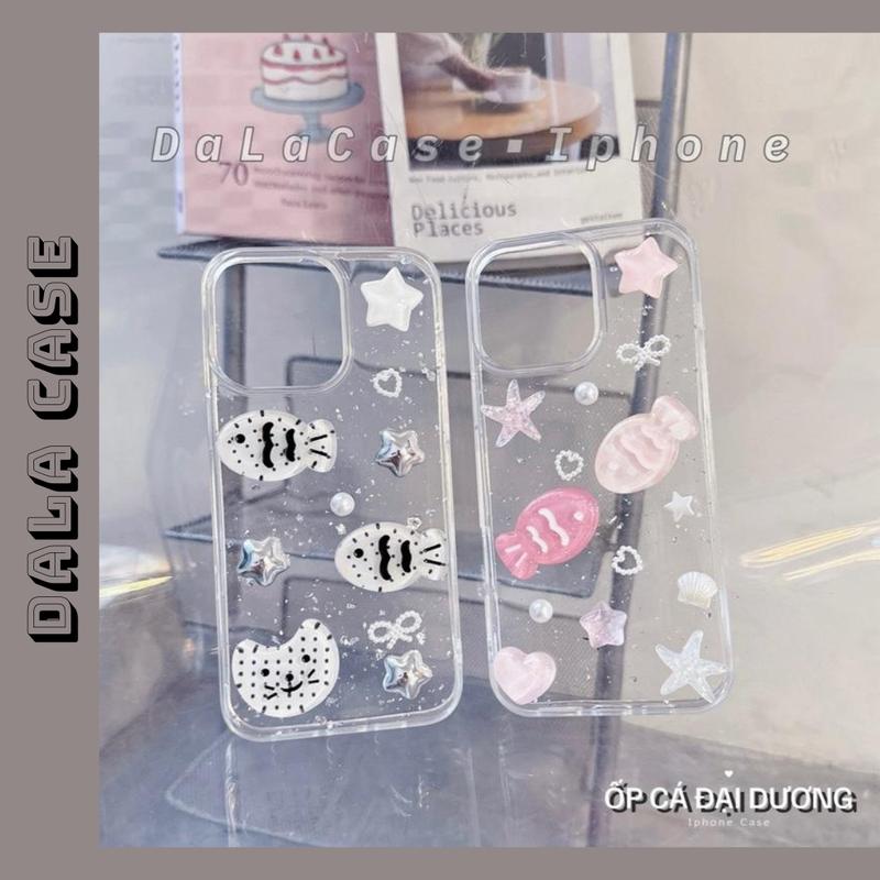 Ốp Lưng Nhũ Bạc Charm Cá Sao Biển Hồng Đen Trắng