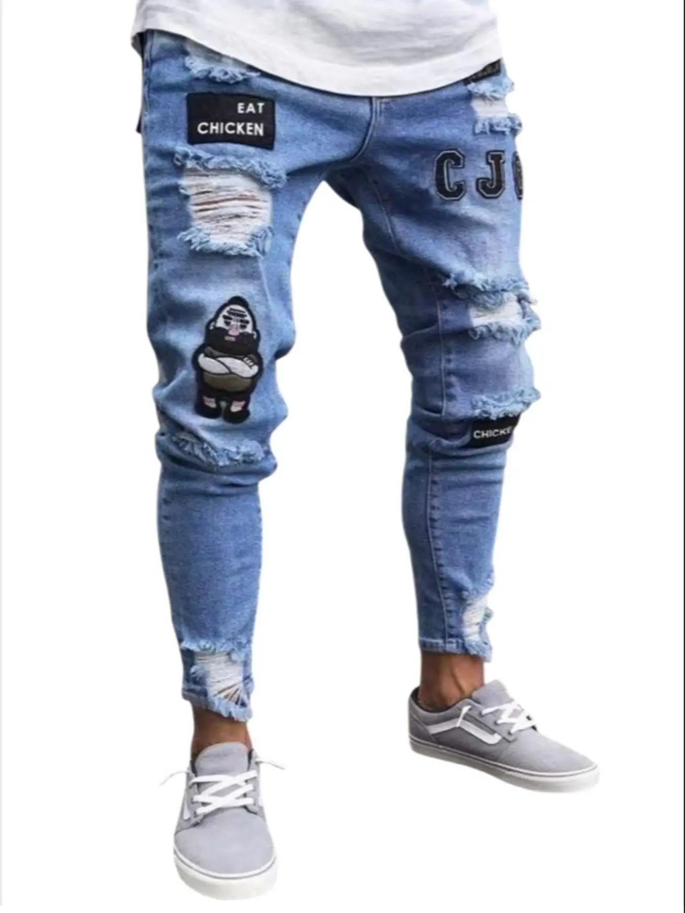 Men's Letter & Figure Patched Ripped Jeans, Casual Slim-fitting Pocket Denim Pants for Daily Wear, Fashion Men's Bottoms for All Seasons, Cotton