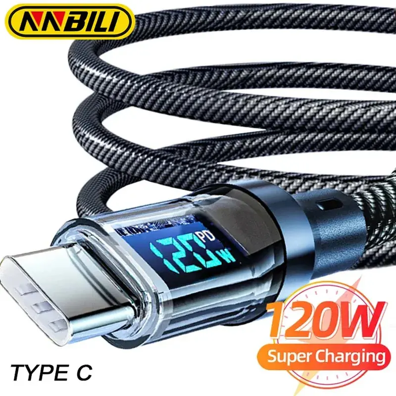 Nnbili 120W USB C Cable Super Fast Charging Type C Digital Display Mobile Phone Charging Data for Xiaomi Samsung Huawei