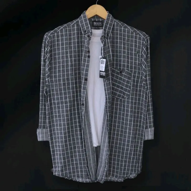 Kemeja Flanel Lengan Panjang Keren Motif Kasual Terbaru 2023 Pria Distro Kotak Hitam Casual Nyaman 3
