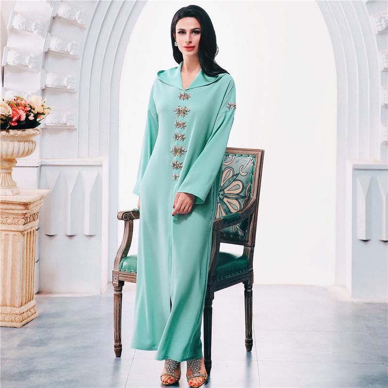 Product Introduction of Ba302 Water Green Hand-Stitched Glass Diamond Decorations Hooded Robe Middle East Southeast Asia Women's Robe 4