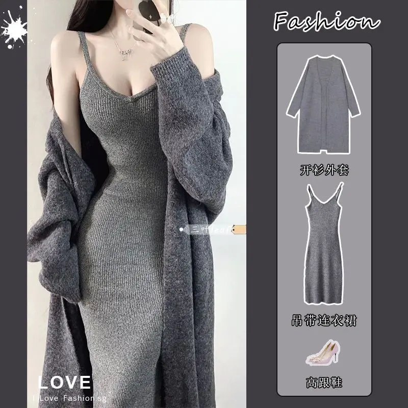 Áo Khoác Len Nữ, Phong Cách Mùa Xuân Và Mùa Thu, Dài Trung Bình Áo Cardigan, Thiết Kế Dễ Thương Và Gợi Cảm, Váy Hai Dây Bó Sát Hàng Mới Về Năm 2024 Women Dress